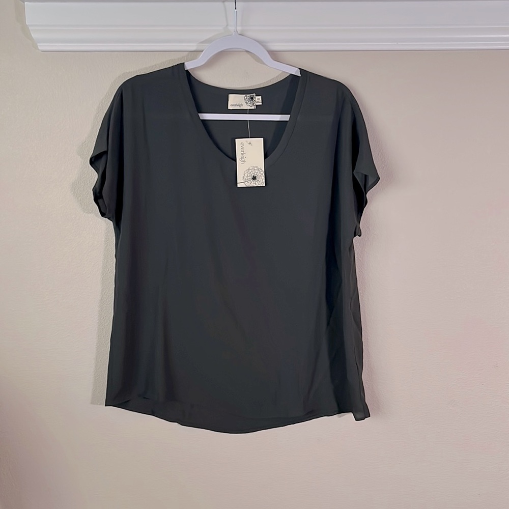 NWT Everleigh Anthropologie Polyester Blouse Sz XS Green Loose Fit Short Sleeve